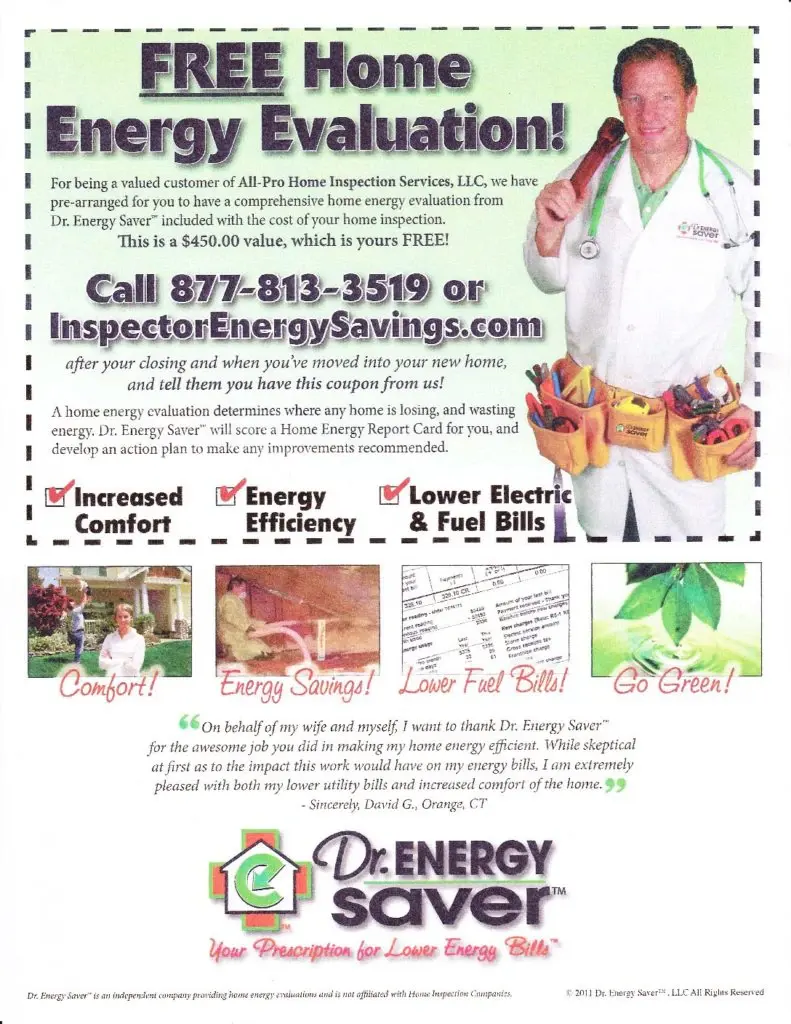 Dr. Energy Saver flyer offering a free home energy evaluation to All-Pro Home Inspection Services customers