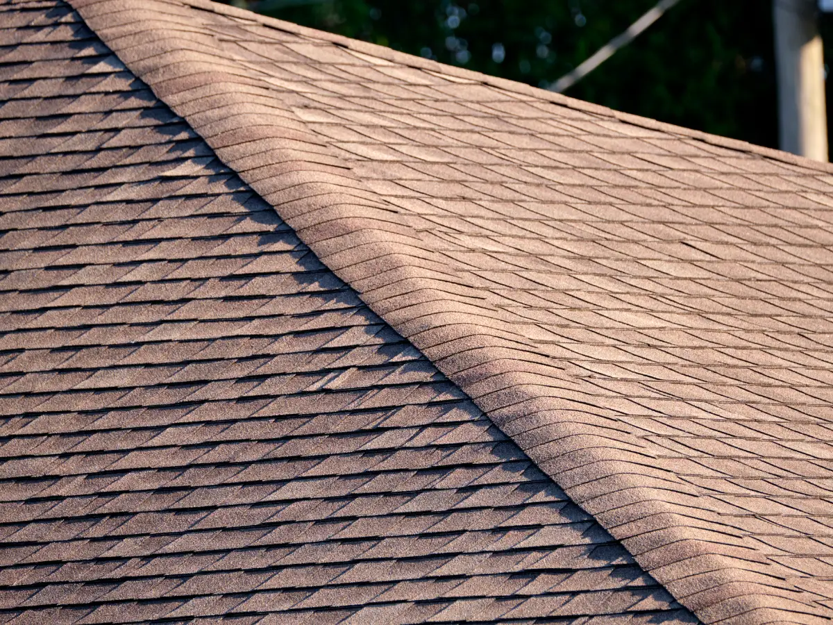 Asphalt shingle roof with a ridge line and valley visible